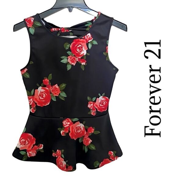 FOREVER 21 Black Red Rose sleeveless peplum top Sz S like new - Picture 1 of 12